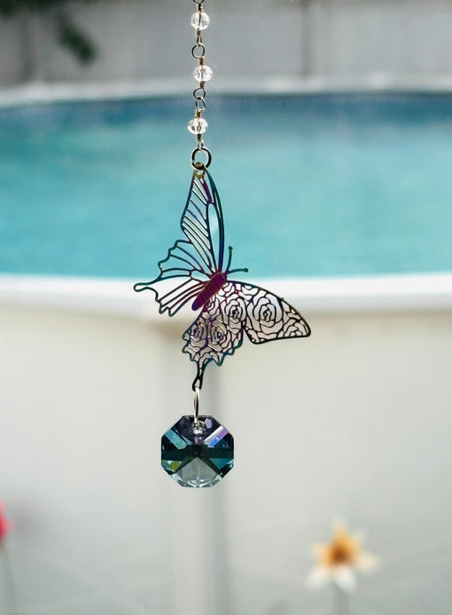 Handmade butterfly suncatcher with crystal pendant – Wings of Change rainbow maker window hanging gift under $5