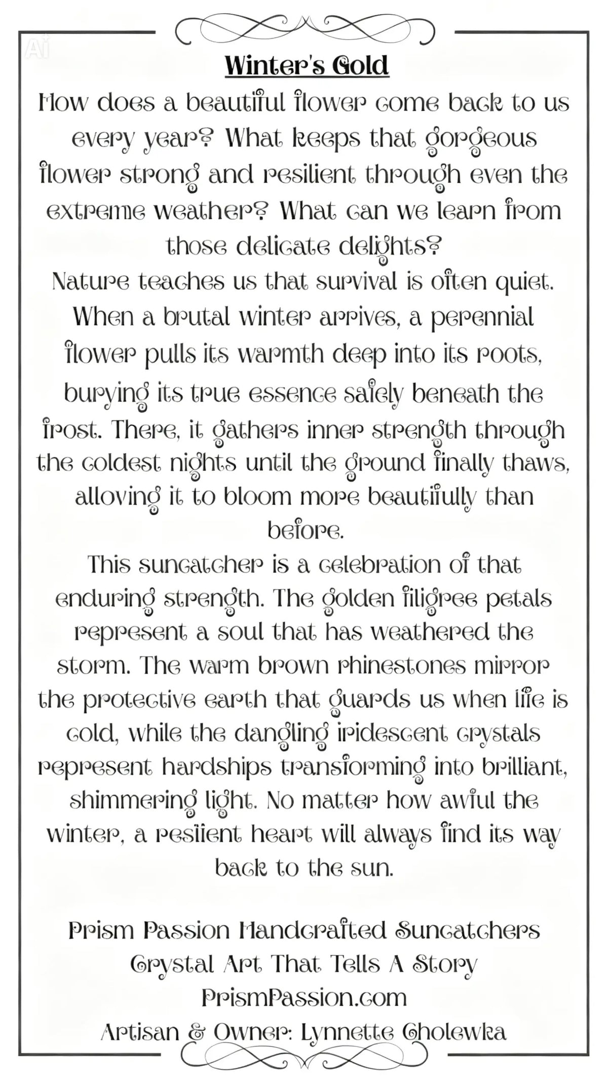 The printed Winter's Gold original story card from Prism Passion, displaying the inspiring narrative of the perennial flower's quiet winter survival and resilience.