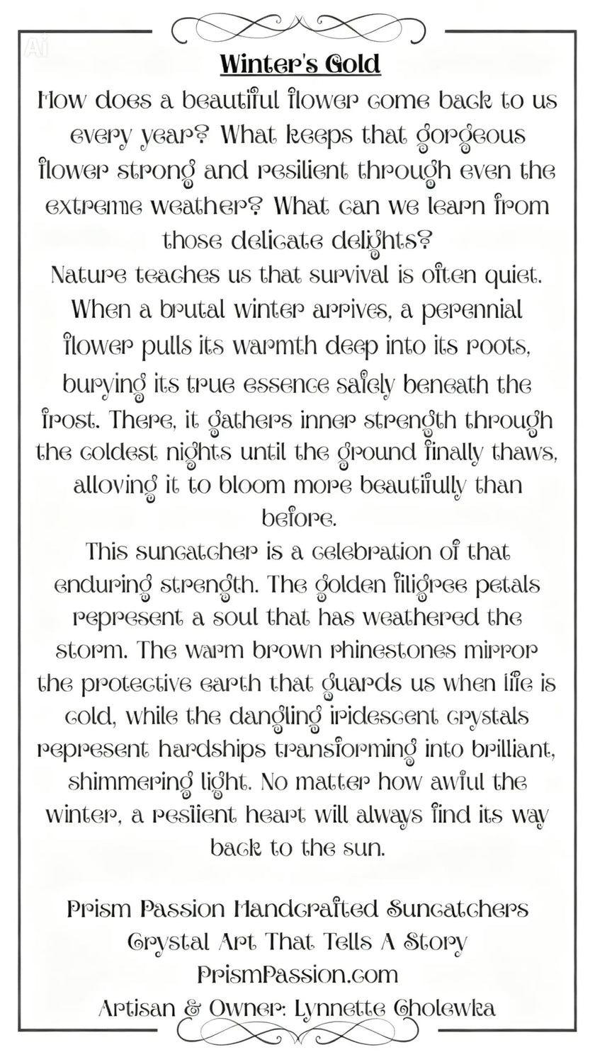 The printed Winter's Gold original story card from Prism Passion, displaying the inspiring narrative of the perennial flower's quiet winter survival and resilience.