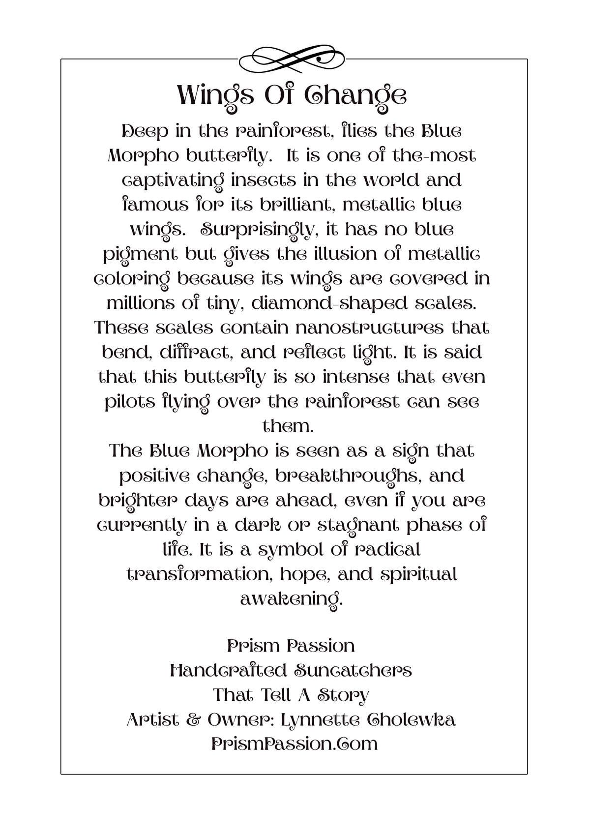 A text-based art print titled 'Wings of Change' with a decorative black border on a white background. The text describes the blue morpho butterfly and its significance, with 'Prism Passion' and 'PrismPassion.