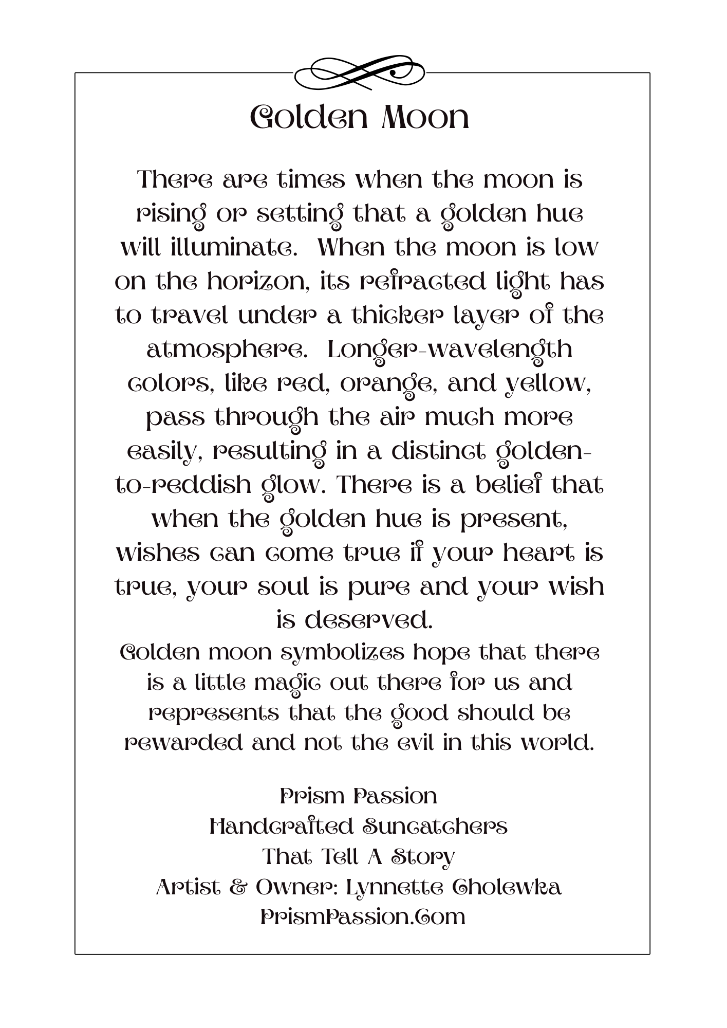 A text-based art print titled 'Golden Moon' with a poem about moonlight and reflection, presented in a black serif font inside a thin black rectangular border on a white background.
