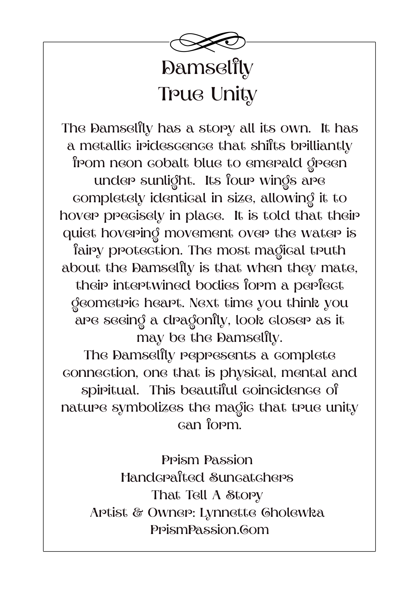 A text-based product card for the 'Ramselly True Unity' scent by Prism Passion, featuring a black serif font on a white background with a thin rectangular border.
