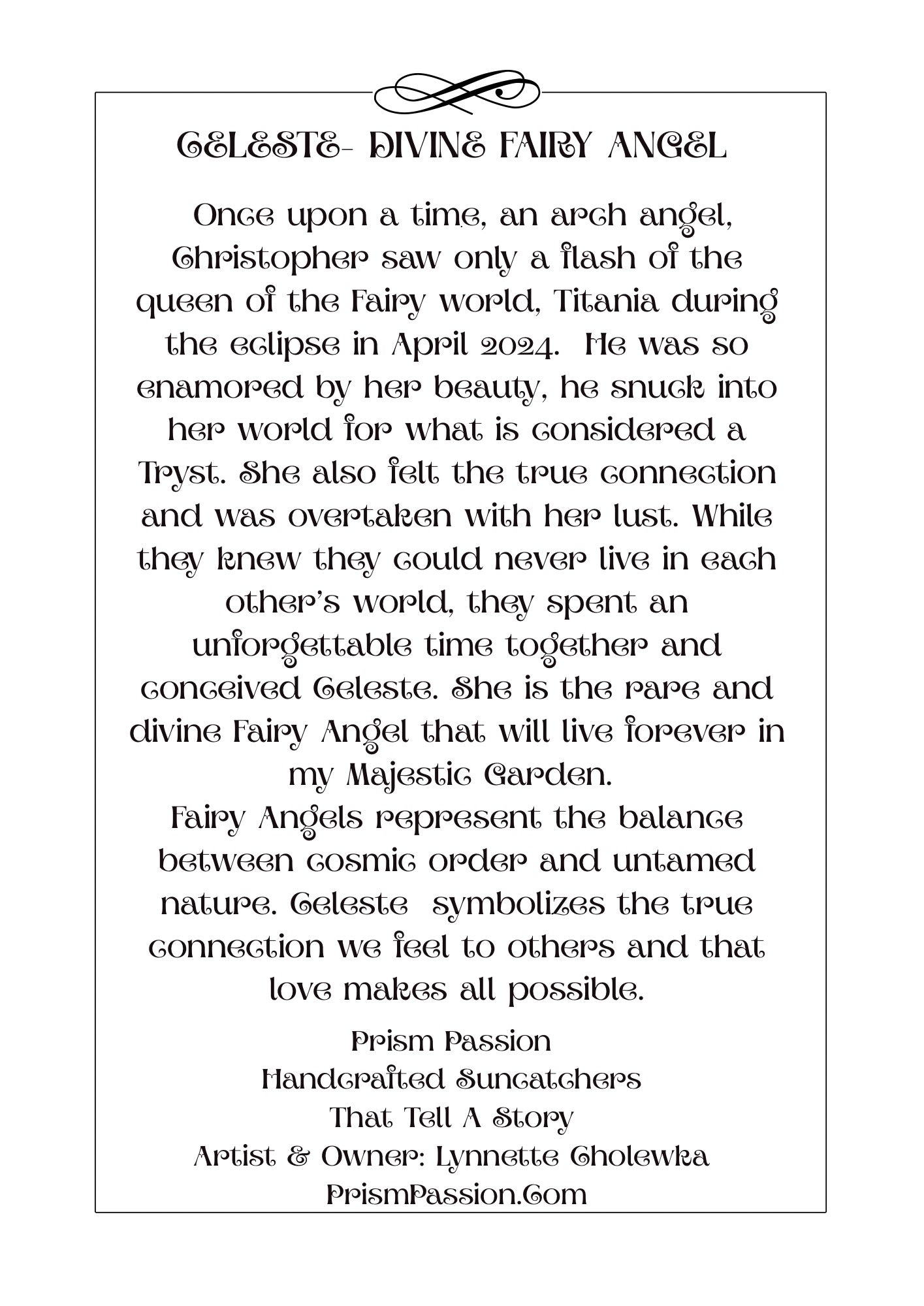 A text-based product listing for a custom 'Celeste - Divine Fairy Angel' poem or print, featuring a white background with black text and a decorative header.