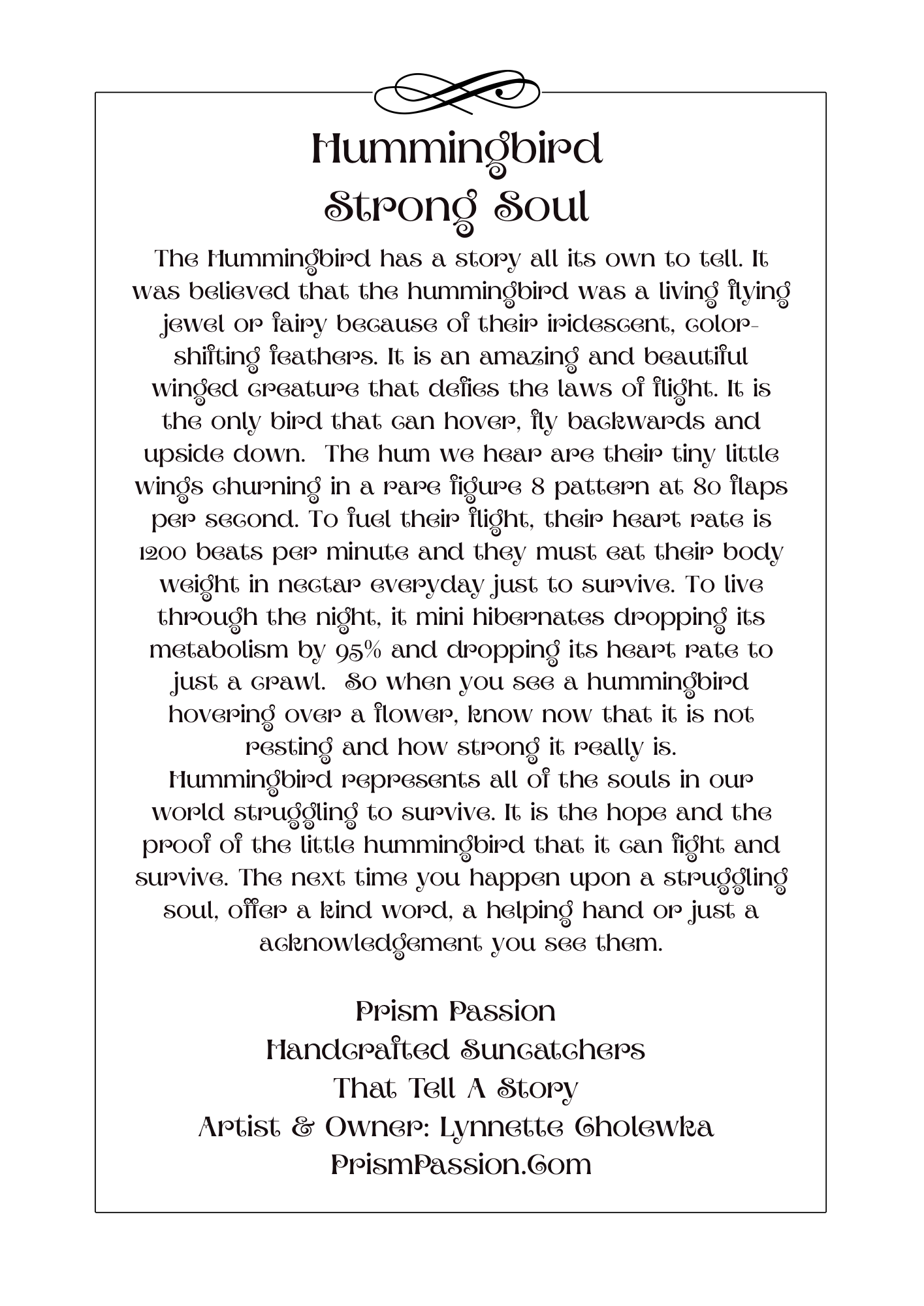 A printed poster or card with a black border and a block of text titled 'Hummingbird Strong Soul' on a white background. The text describes the qualities and characteristics of a hummingbird, with the brand name Prism Passion and website PrismPassion.