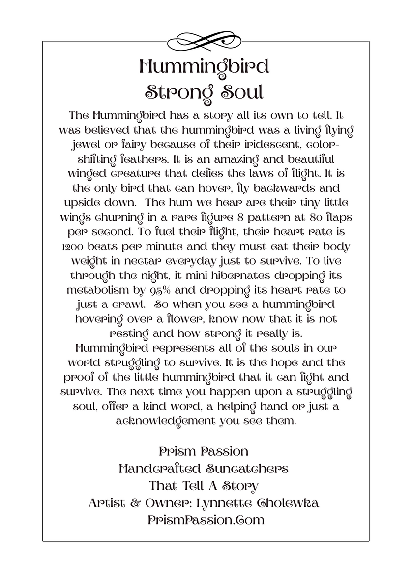 A printed poster or card with a black border and a block of text titled 'Hummingbird Strong Soul' on a white background. The text describes the qualities and characteristics of a hummingbird, with the brand name Prism Passion and website PrismPassion.
