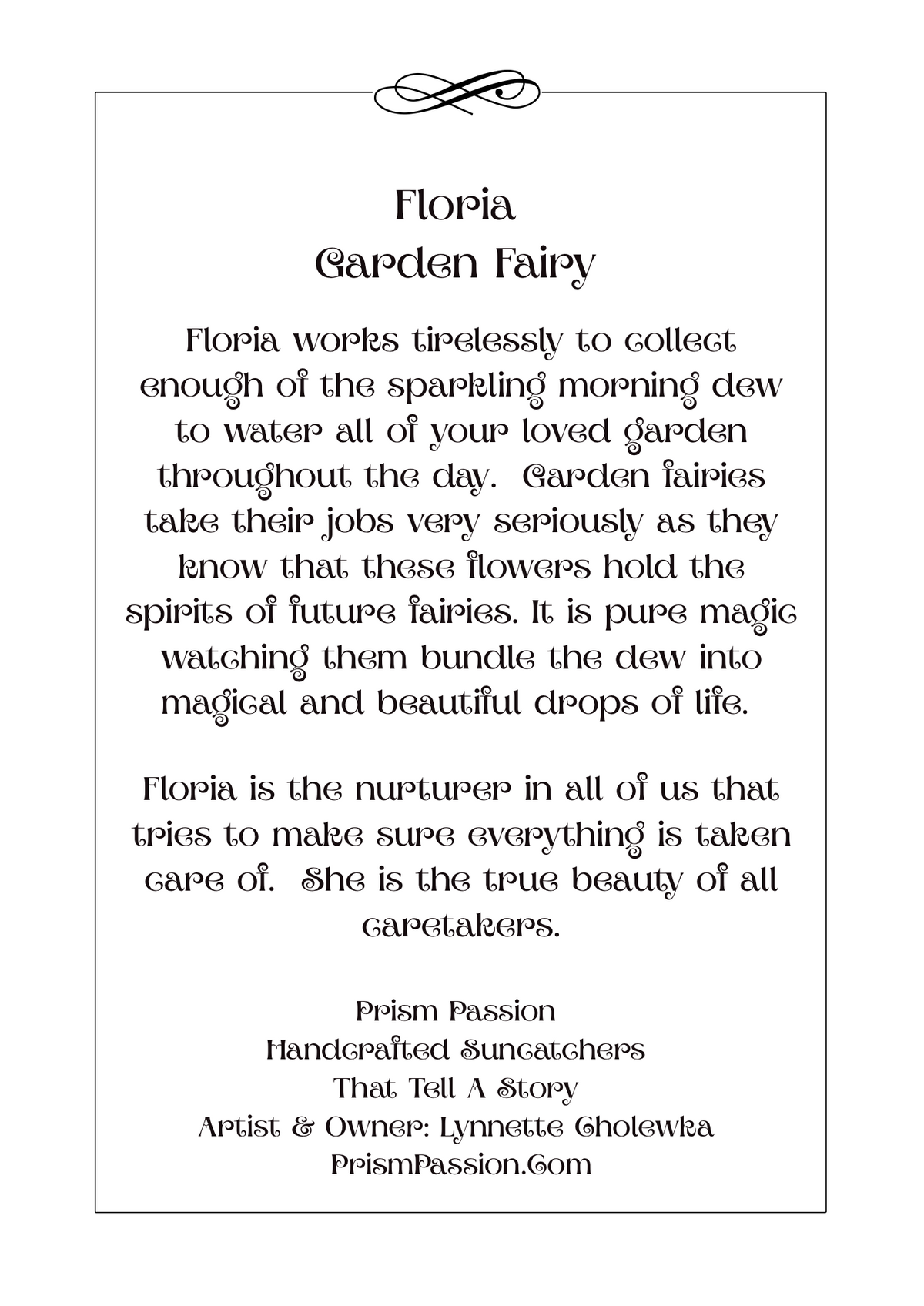 A text-based product card for a 'Floria Garden Fairy' design, featuring a black decorative flourish at the top and a block of descriptive text on a white background with a thin black border.