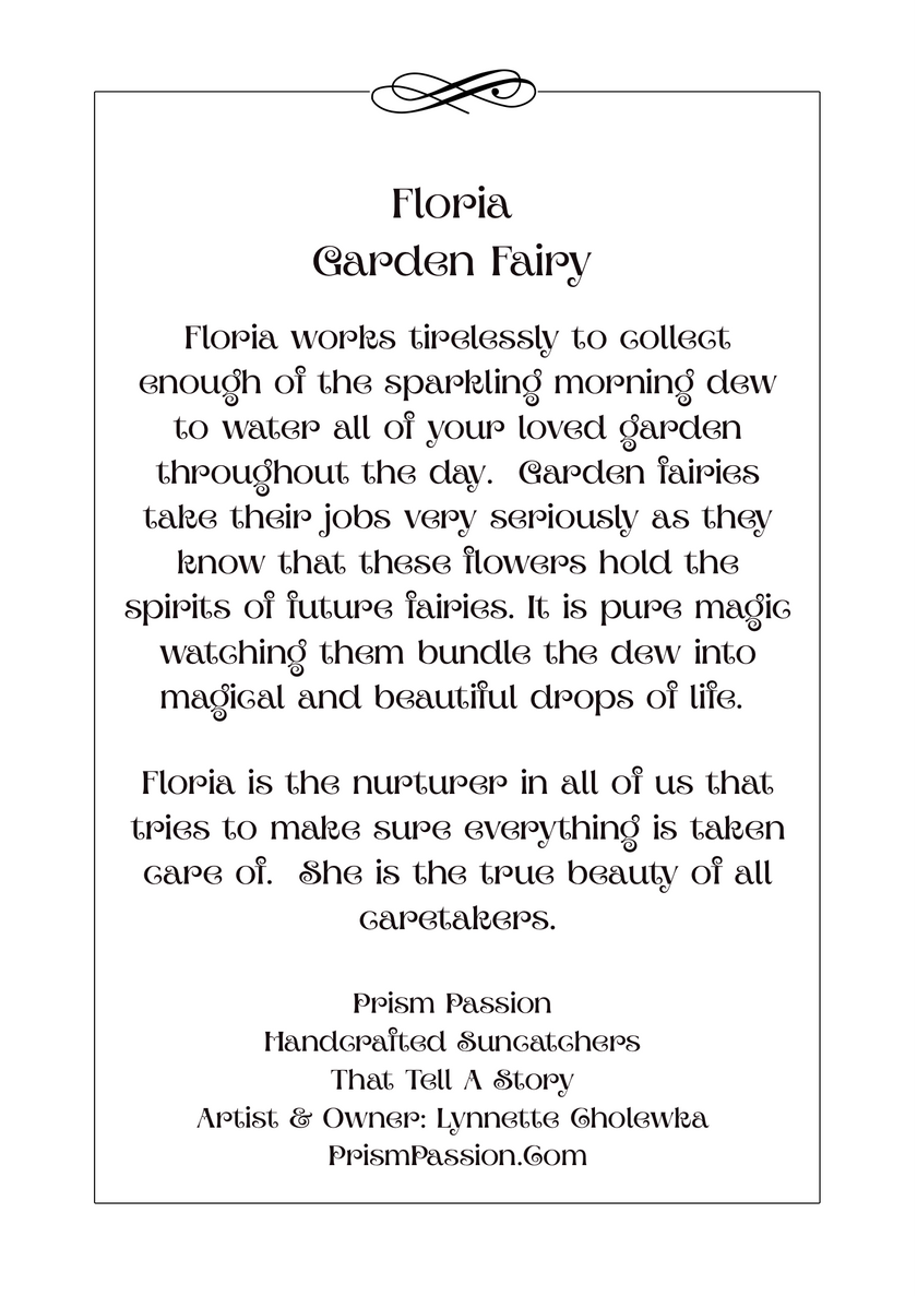 A text-based product card for a 'Floria Garden Fairy' design, featuring a black decorative flourish at the top and a block of descriptive text on a white background with a thin black border.