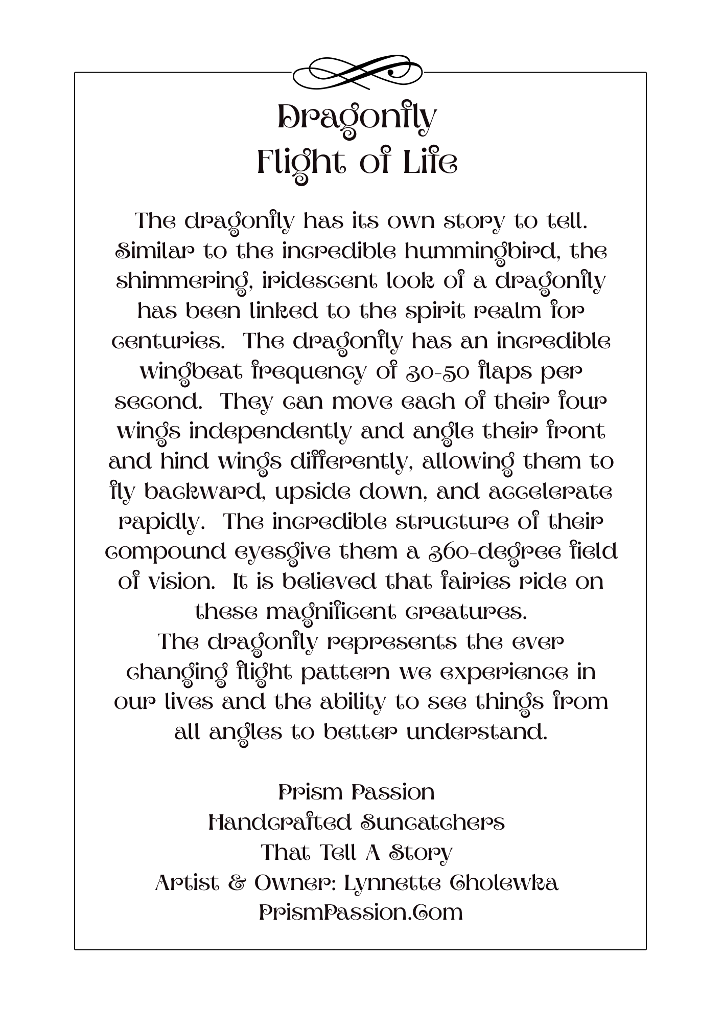 A text-based poster or print titled 'Dragonfly Flight of Life' with a decorative black-and-white ornamental header, centered on a white background.