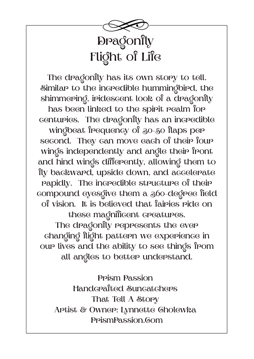 A text-based poster or print titled 'Dragonfly Flight of Life' with a decorative black-and-white ornamental header, centered on a white background.