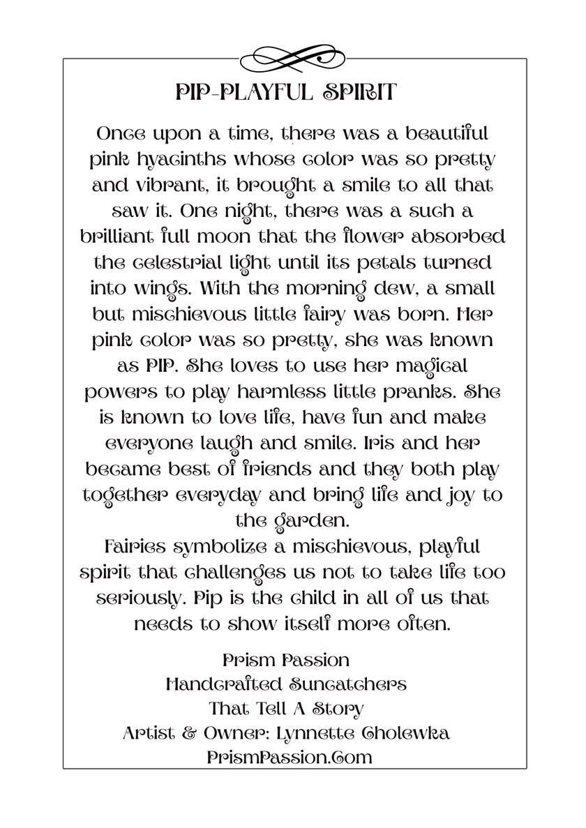 A text-based print or poster titled 'PIP PLAYFUL SPIRIT' with a short whimsical fairy story about a pink hyacinth flower and a little fairy named Pip, plus artist and publisher credits at the bottom.