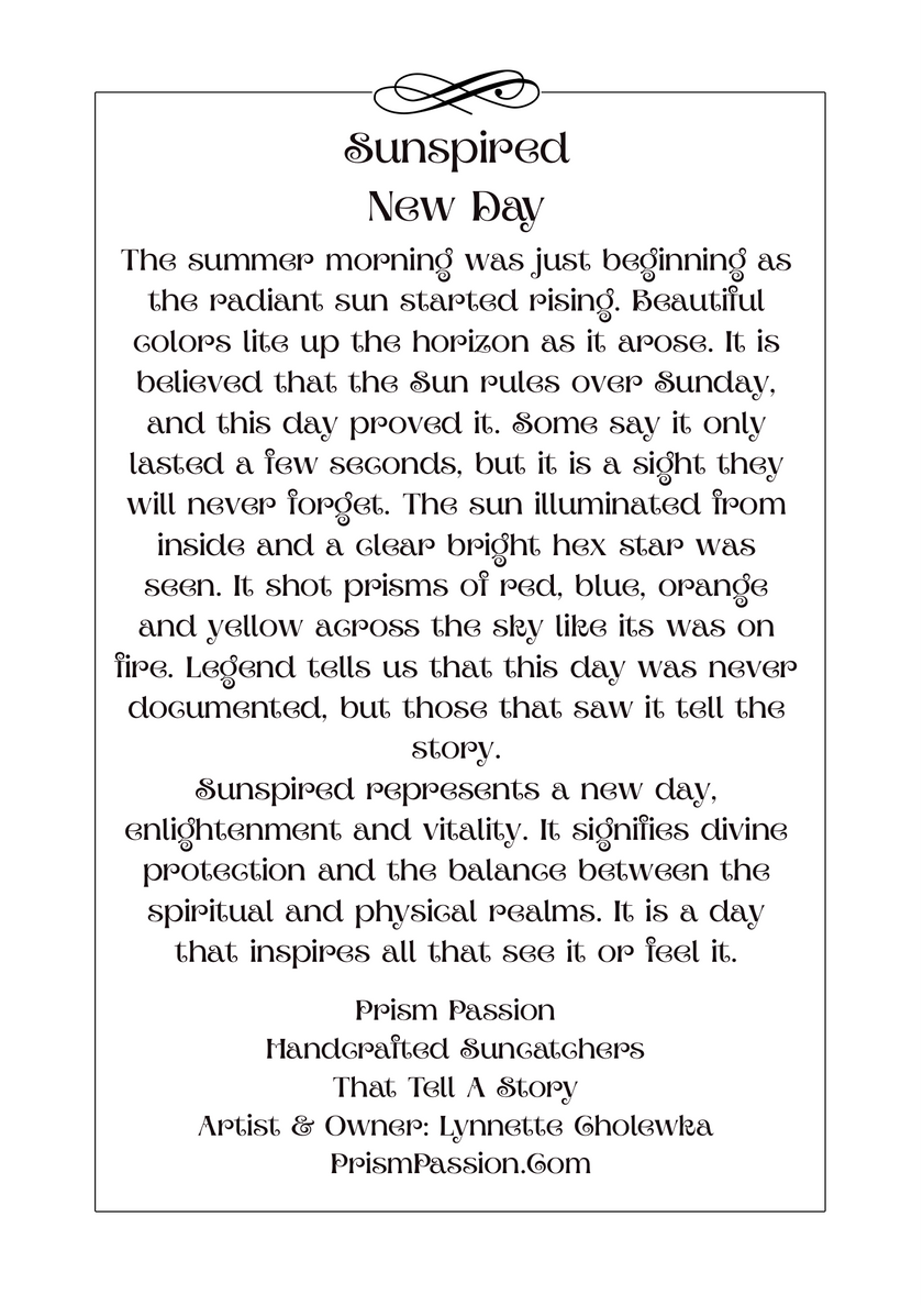 A printed card or poster with a black border and a centered poem titled 'Sunspired New Day,' with additional text below and the website Prism Passion at the bottom.