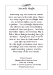 A printed card or poster with a white background and black text, featuring the title 'Moonlit Magic' at the top and a poem about moonlight and celestial beings. The bottom includes the names Prism Passion, Handcrafted Suncatchers, That Tell A Story, Artist & Owner Lynnette Eholovka, and PrismPassion.