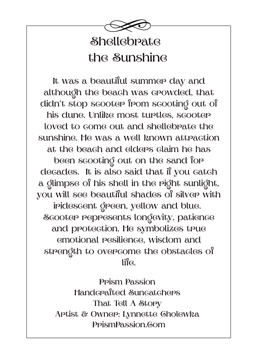 A square art print featuring a poem titled 'Shellebrate the Sunshine' by Prism Passion, printed in black serif text on a white background with a thin black border.