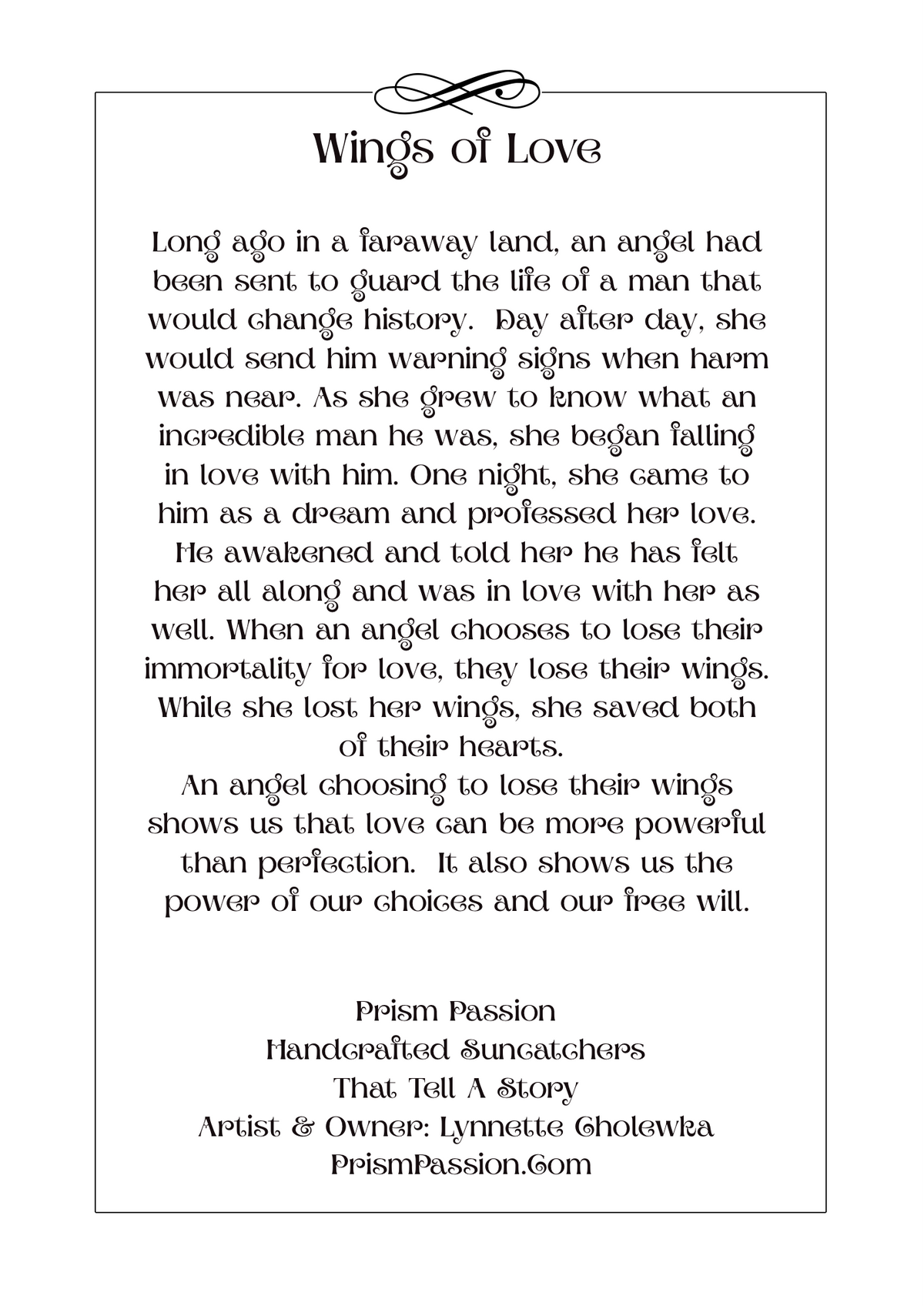 A typographic art print titled 'Wings of Love' with a black decorative header and a multi-stanza poem printed in black on a white background, with 'Prism Passion' and website text at the bottom.