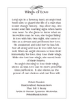 A typographic art print titled 'Wings of Love' with a black decorative header and a multi-stanza poem printed in black on a white background, with 'Prism Passion' and website text at the bottom.