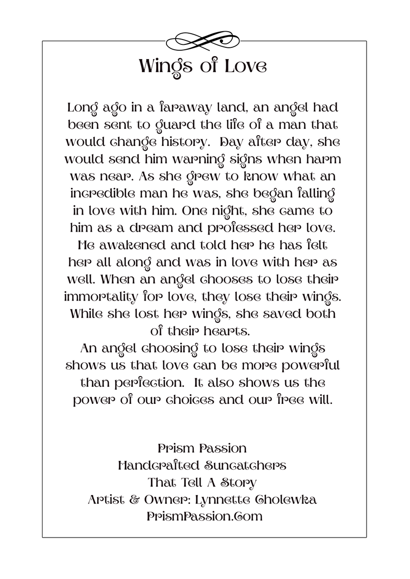 A typographic art print titled 'Wings of Love' with a black decorative header and a multi-stanza poem printed in black on a white background, with 'Prism Passion' and website text at the bottom.