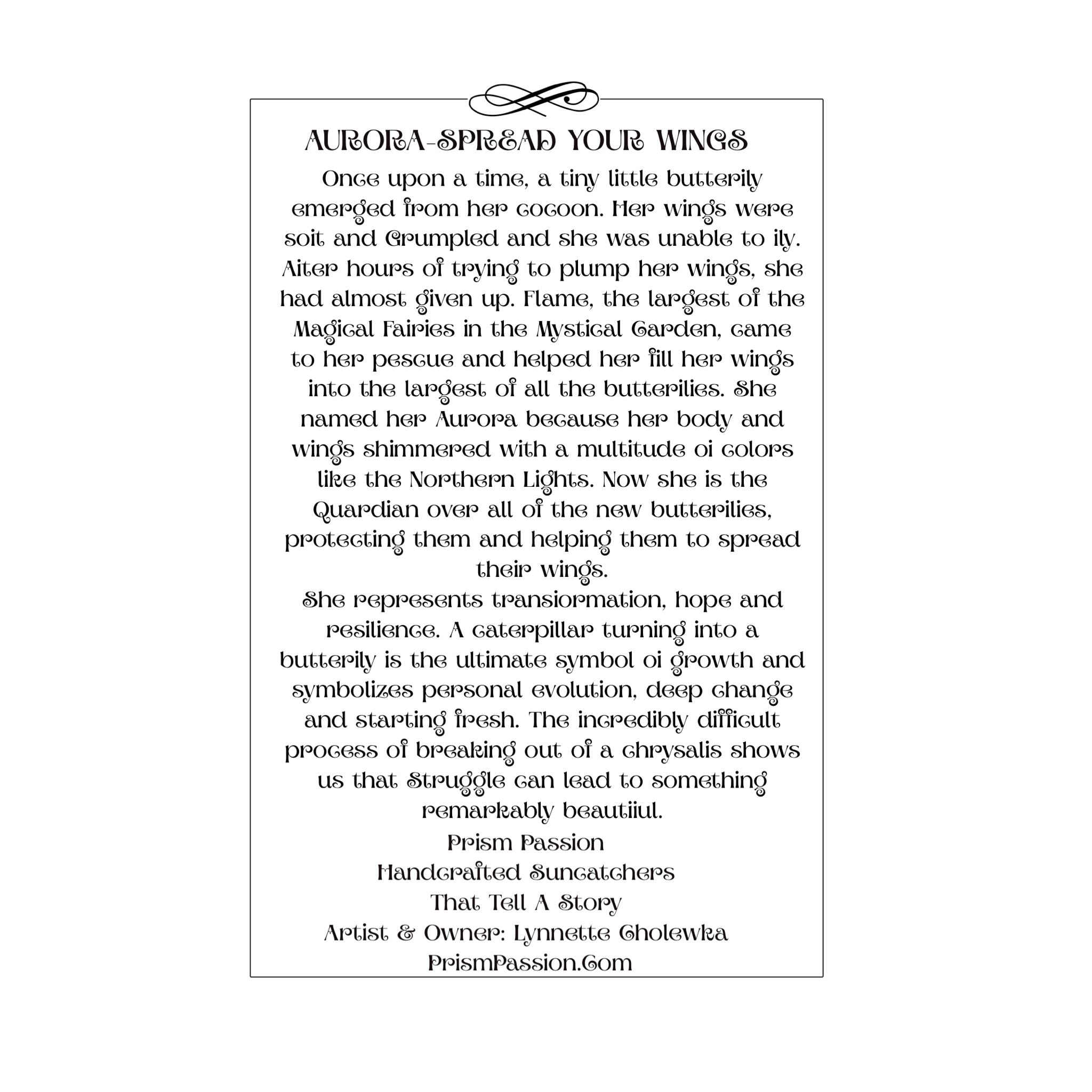 A square black print with rounded corners featuring a poem titled 'AURORA SPREAD YOUR WINGS' in white serif text on a black background.