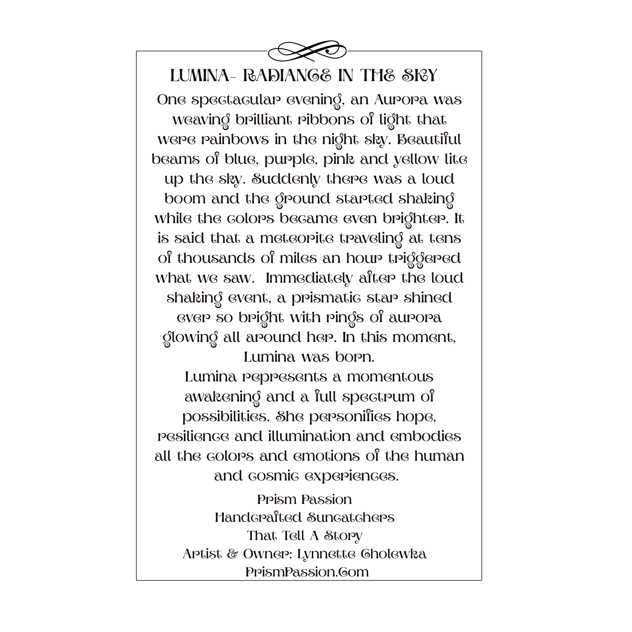 A square white card or print with a black border and decorative serif text reading “LUMINA - RADIANCE IN THE SKY,” followed by a paragraph of descriptive text and a smaller line of text at the bottom.