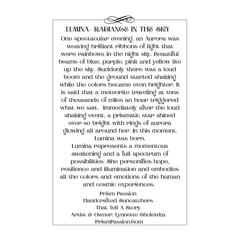 A square white card or print with a black border and decorative serif text reading “LUMINA - RADIANCE IN THE SKY,” followed by a paragraph of descriptive text and a smaller line of text at the bottom.