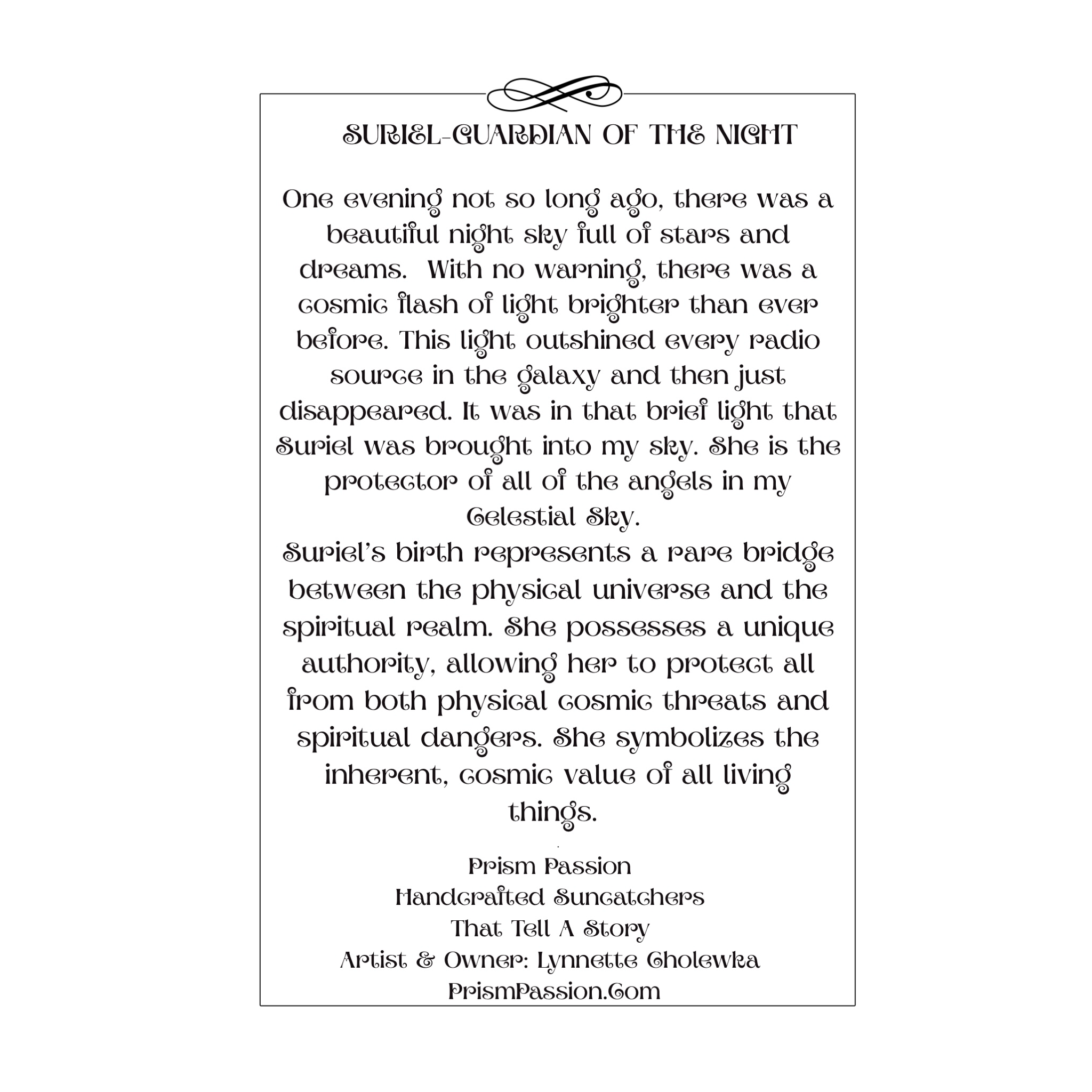 A square white print or card with a black border and centered text reading 'SURIEL-GUARDIAN OF THE NIGHT' followed by a poem, shown on a light gray background.