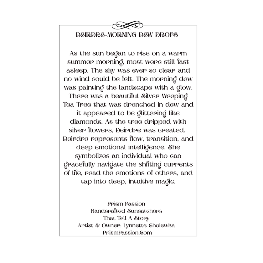 A rectangular printed card or poster with a white background and black text, featuring the title 'Desire's Morning Dew Drops' at the top and a poem about dewy morning trees. The card is centered on a light gray background.