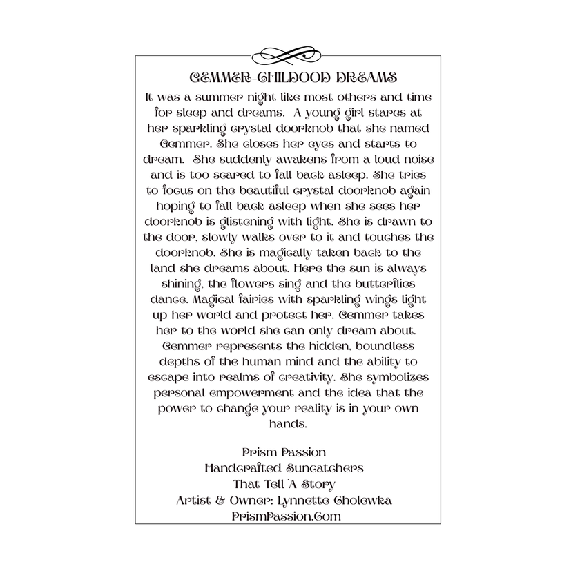 A centered text-based product image with the title 'Gemmer Childhood Dreams' at the top, followed by a long descriptive paragraph, and smaller text at the bottom reading 'Prism Passion' and 'Handcrafted Sunshades That Tell A Story' plus 'Artist & Owner: Lynnette Cholewka and 'PrismPassion.com'.