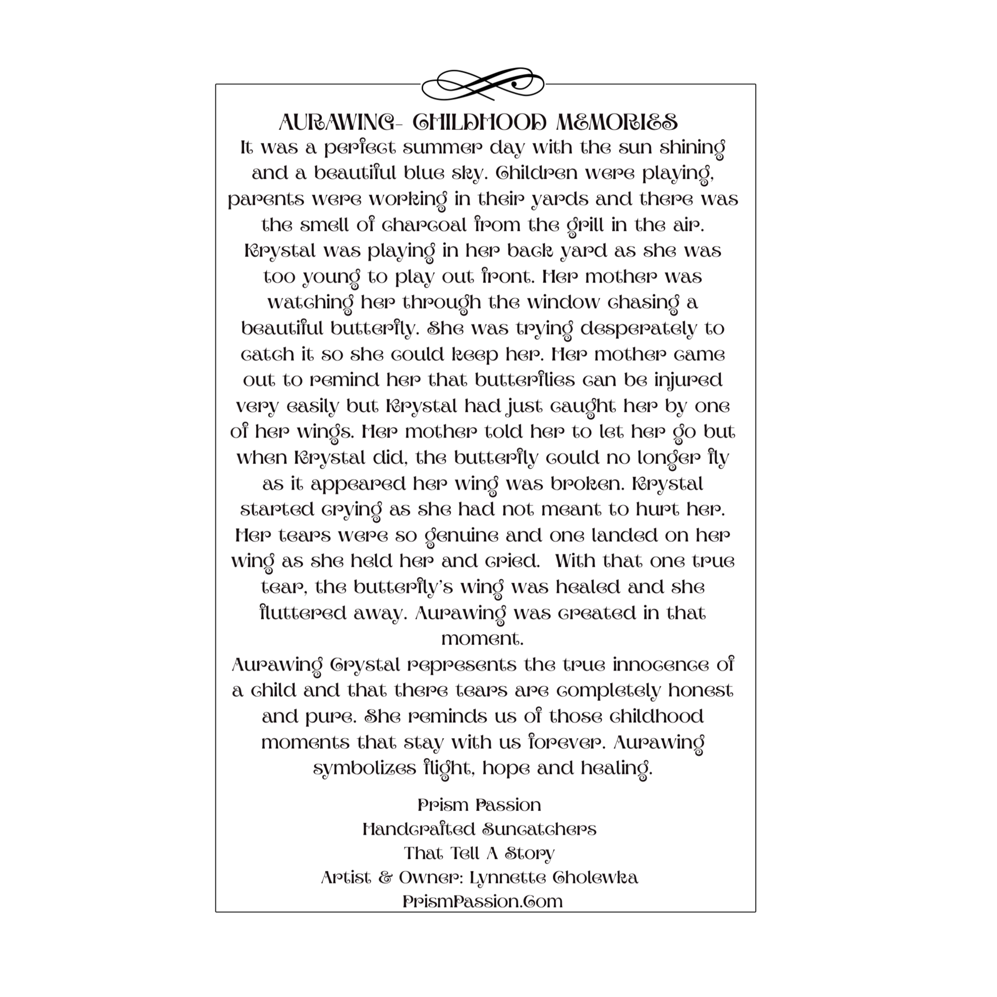 A printed poem titled 'Aurawing - Childhood Memories' with a decorative header, centered on a white background with a thin black border.
