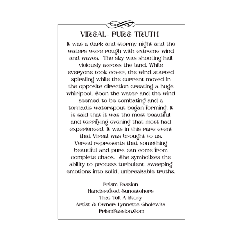 A square white card or print with black text, centered on a black background. The text reads 'VIREAL - PURE TRUTH' at the top and appears to be a poem or printed artwork with attribution at the bottom: 'Prism Passion Handcrafted Stencchers That Tell A Story Artist & Owner Lynnette Cholewka PrismPassion.