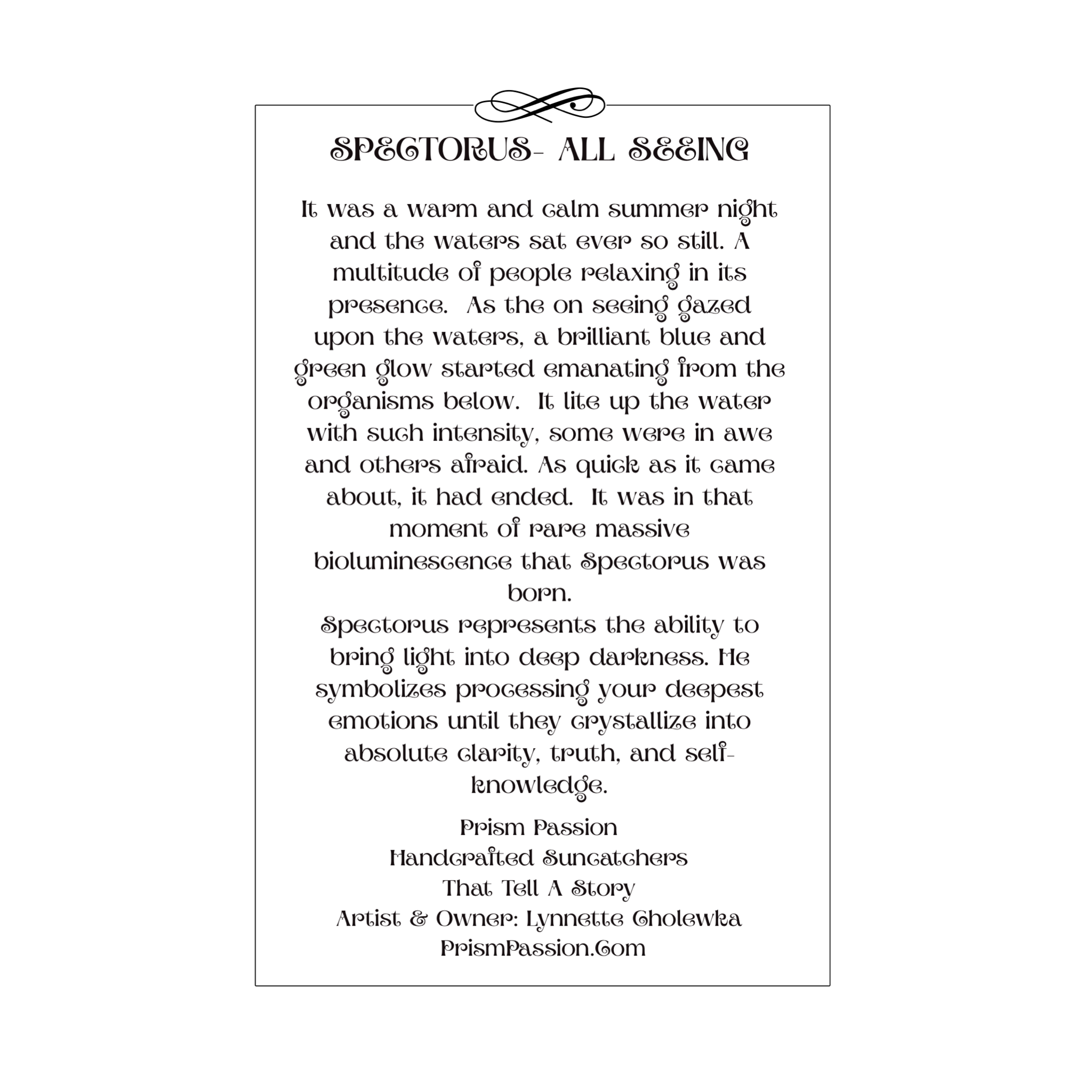 A square art print featuring a poem titled 'SPECTORUS - ALL SEEING' with elegant black typography on a white background, enclosed in a thin black border.