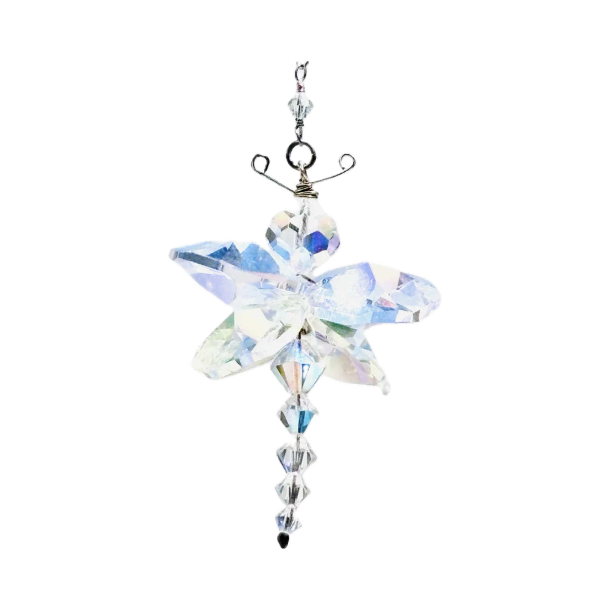 Unique handmade Butterfly suncatcher made of rare Aurora Borealis Swarovski crystals named Aurora.  She comes with her beautiful story card and packaged as a gift to give or open.