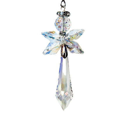 Handmade angel suncatcher made of rare Swarovski Aurora Borealis crystals named Lumina.  She comes with a magical story card and packaged as gift. 