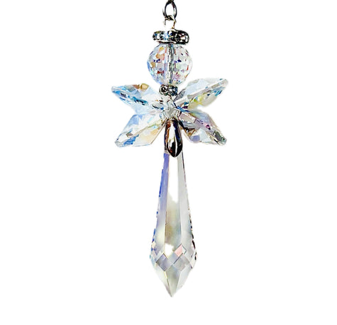 Handmade angel suncatcher made of rare Swarovski Aurora Borealis crystals named Lumina.  She comes with a magical story card and packaged as gift. 