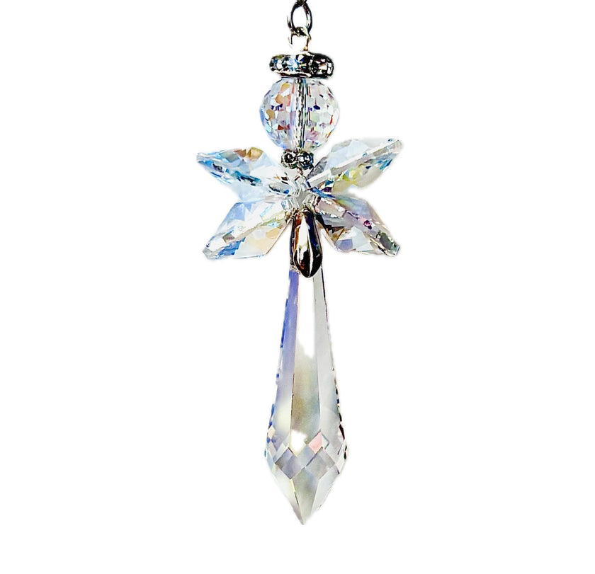Handmade angel suncatcher made of rare Swarovski Aurora Borealis crystals named Lumina.  She comes with a magical story card and packaged as gift. 