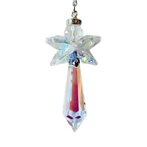 Handmade Angel suncatcher in beautiful Aurora Borealis Crystals with a magical story that comes packaged as gift with story card and gift box. 