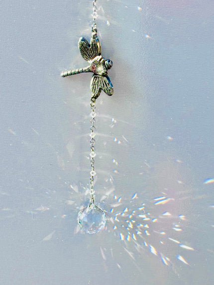 Damselfly adorned with clear Swarovski crystal ball creating prisms of rainbows. 