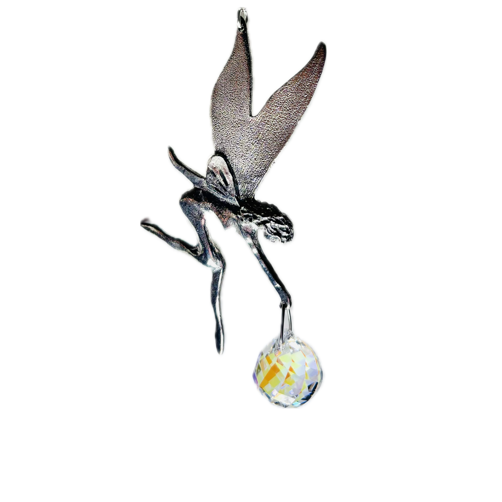 Handcrafted suncatcher featuring a pewter fairy holding a Rare Swarovski Aurora Borealis Crystal. 