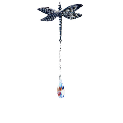 Handcrafted suncatcher featuring a pewter dragonfly with a Rare Swarovski Crystal dangling from a crystal strand. 