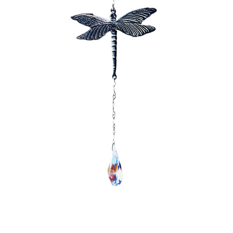 Handcrafted suncatcher featuring a pewter dragonfly with a Rare Swarovski Crystal dangling from a crystal strand. 