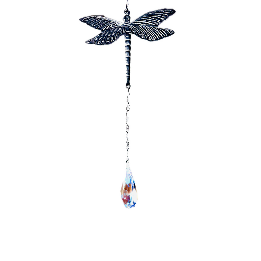 Handcrafted suncatcher featuring a pewter dragonfly with a Rare Swarovski Crystal dangling from a crystal strand. 