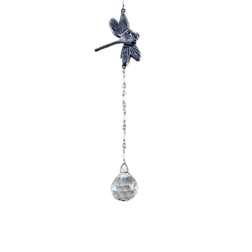 Handcrafted suncatcher featuring pewter dragonfly with Swarovski Crystal Ball dangling on a Swarovski Crystal strand. 
