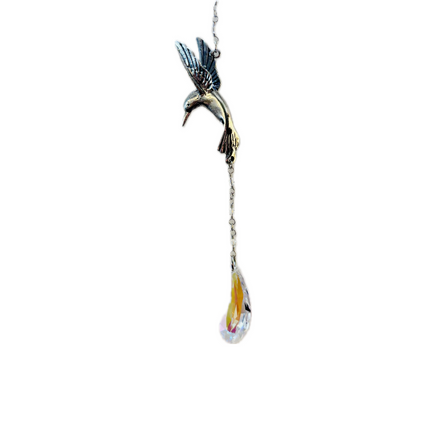 Decorative hanging bird ornament with a teardrop-shaped object on a white background