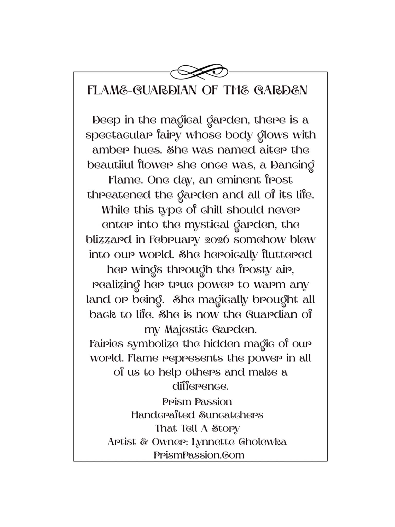 A printed card or poster with the title 'FLAME GUARDIAN OF THE GARDEN' and a long descriptive text about a fairy and a magical garden.