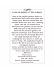 A printed card or poster with the title 'FLAME GUARDIAN OF THE GARDEN' and a long descriptive text about a fairy and a magical garden.