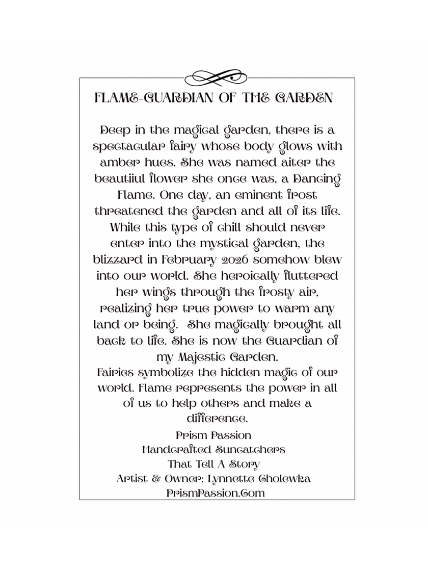 A printed card or poster with the title 'FLAME GUARDIAN OF THE GARDEN' and a long descriptive text about a fairy and a magical garden.