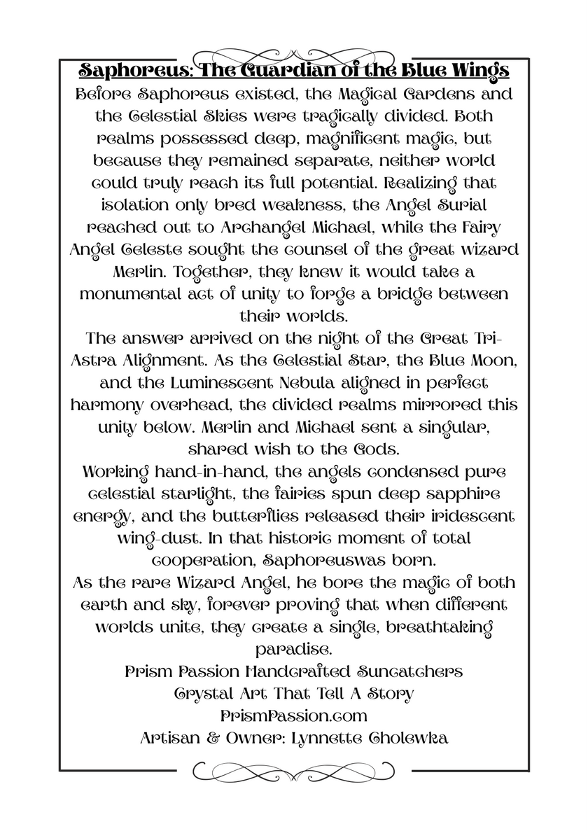 The printed Saphoreus The Guardian of the Blue Wings original story card from Prism Passion sharing the fantasy legend of the handcrafted wizard angel suncatcher.