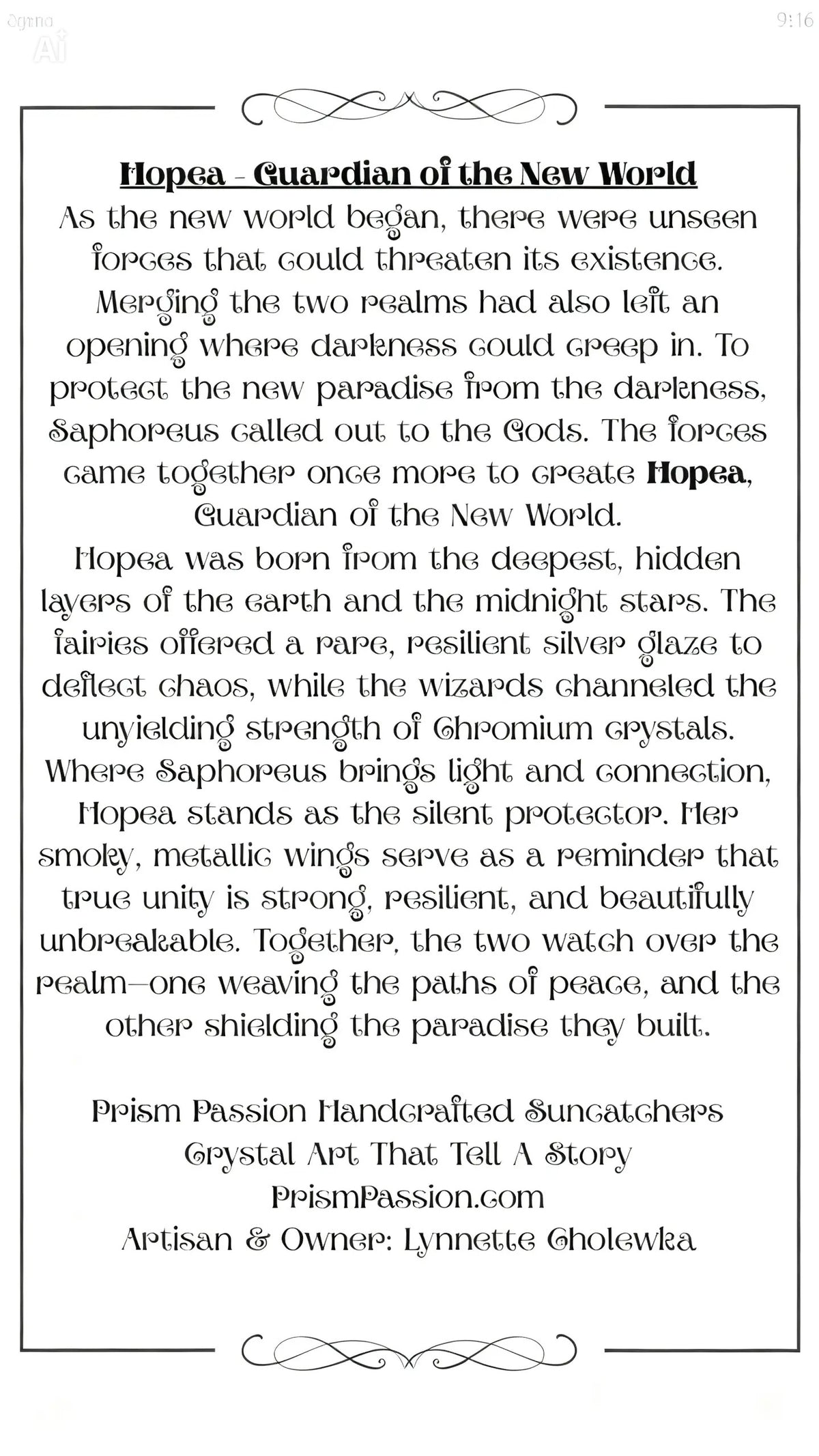The printed Hopea Guardian of the New World original story card from Prism Passion detailing the protective fantasy lore of the handcrafted Swarovski crystal angel.