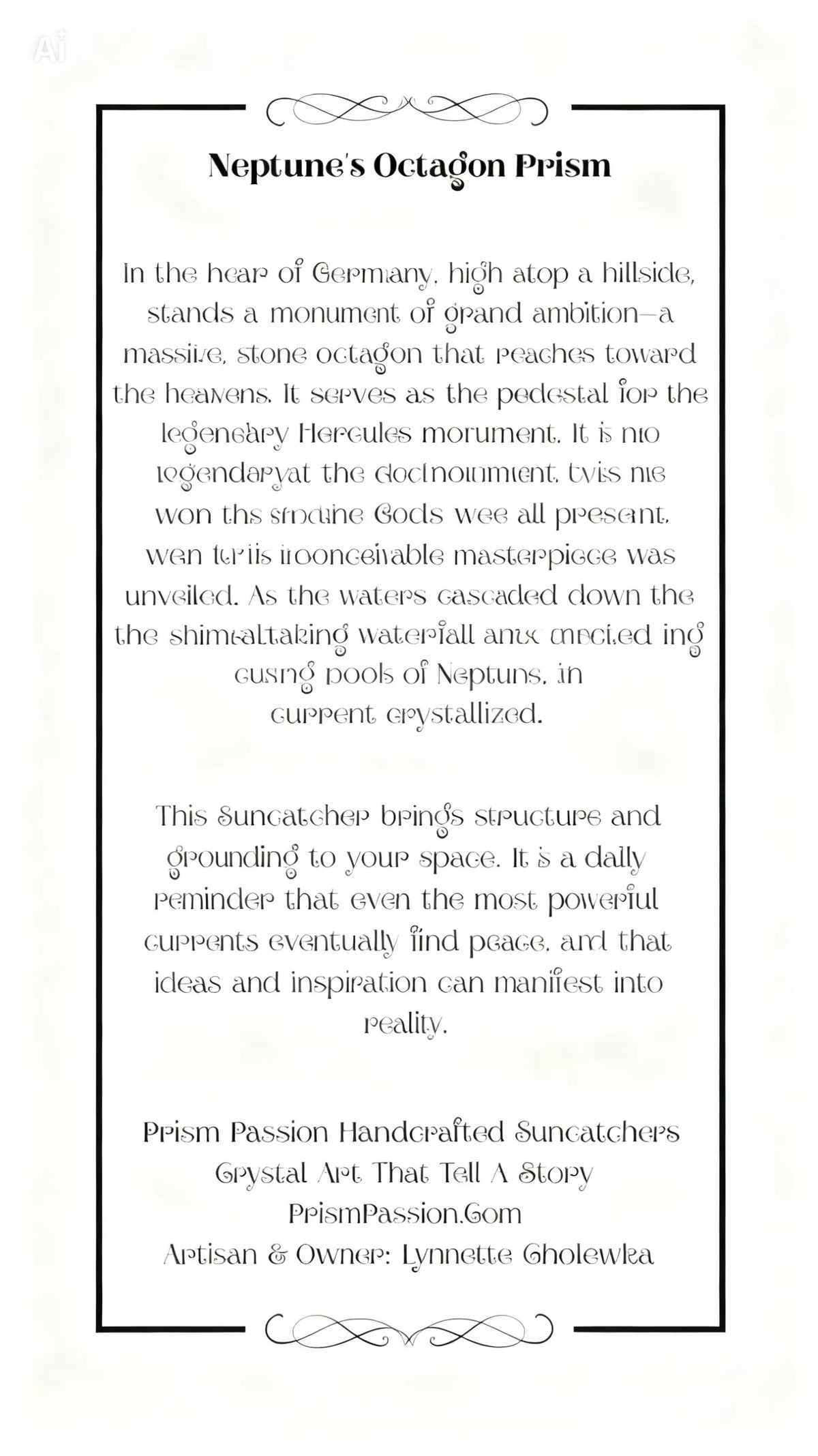 Printed story card insert for Neptune’s Octagon Prism crystal suncatcher by Prism Passion, featuring a decorative black border and an inspirational background story about a German monument.