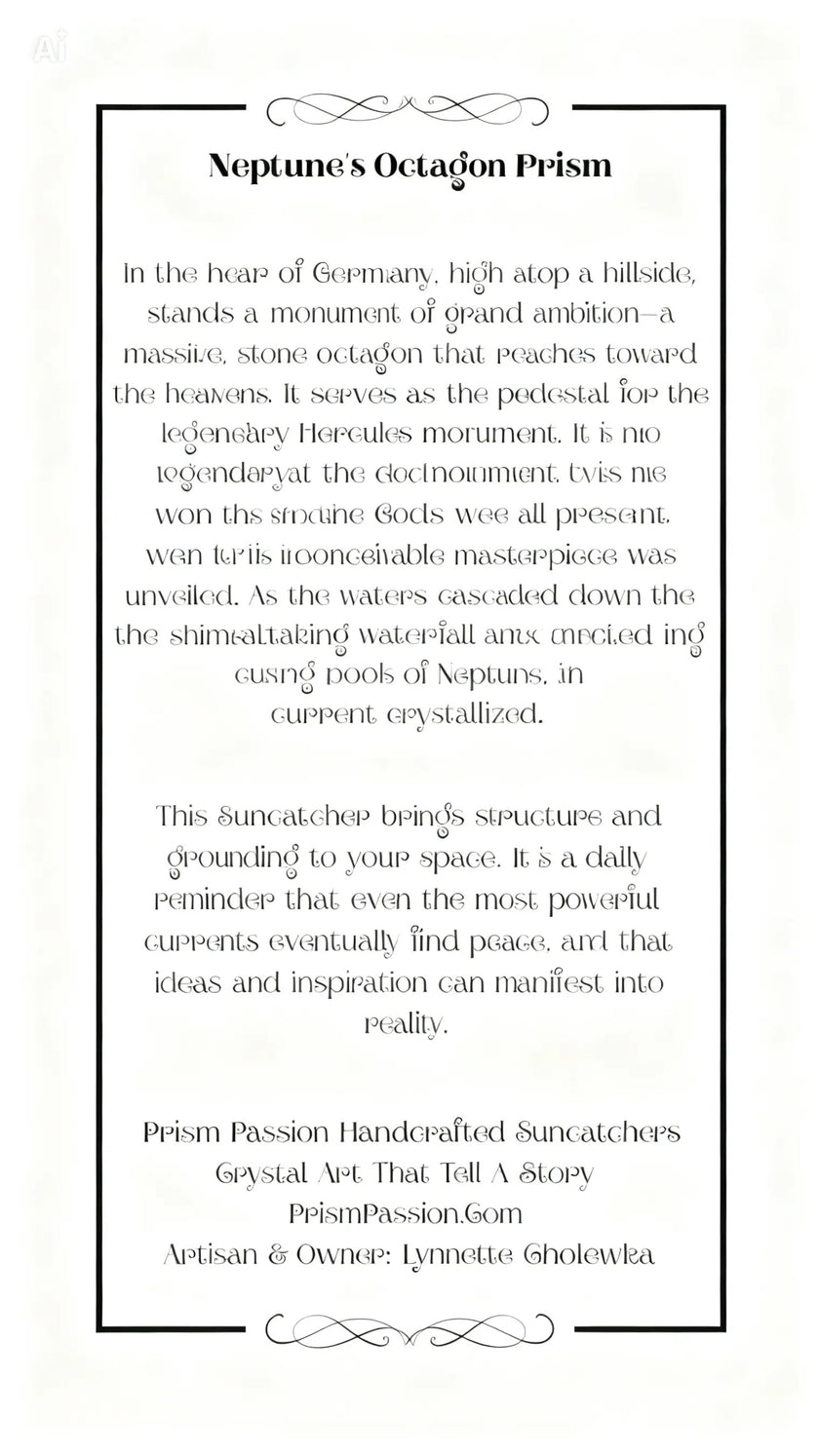Printed story card insert for Neptune’s Octagon Prism crystal suncatcher by Prism Passion, featuring a decorative black border and an inspirational background story about a German monument.